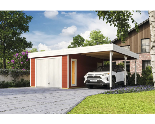 Garage individuel Outdoor Life Bahamas avec porte de garage basculante avec extension de toit 660 x 540 cm rouge de Falun