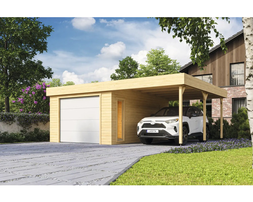 Garage individuel Outdoor Life Bahamas avec portail sectionnel avec extension de toit 660 x 540 cm naturel