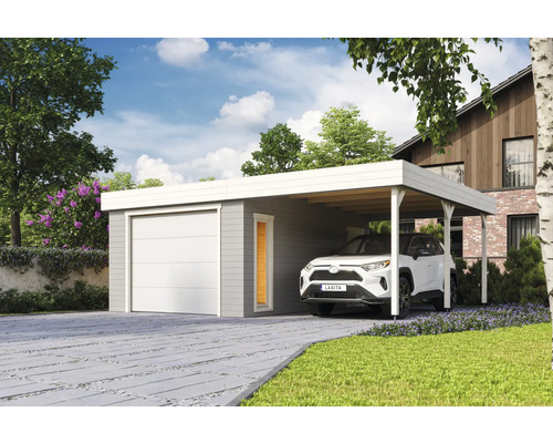 Garage individuel Outdoor Life Bahamas avec portail sectionnel avec extension de toit 660 x 540 cm gris clair