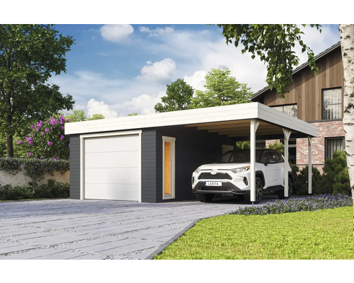 Garage individuel Outdoor Life Bahamas avec portail sectionnel avec extension de toit 660 x 540 cm gris carbone