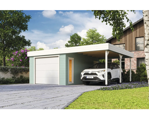 Garage individuel Outdoor Life Bahamas avec portail sectionnel avec extension de toit 660 x 540 cm vert glacier