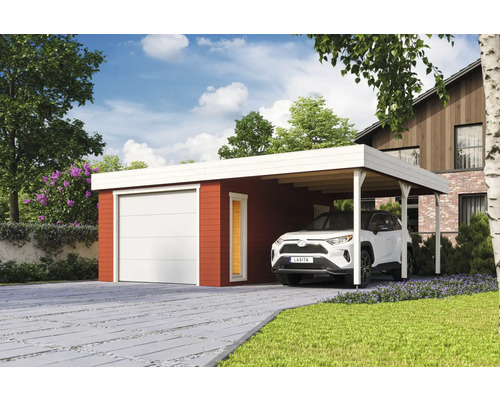 Garage individuel Outdoor Life Bahamas avec portail sectionnel avec extension de toit 660 x 540 cm rouge de Falun
