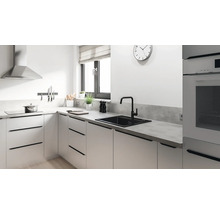 Moderne Küche mit Spüle, Armatur, Kochfeld, Dunstabzugshaube und Küchenutensilien.