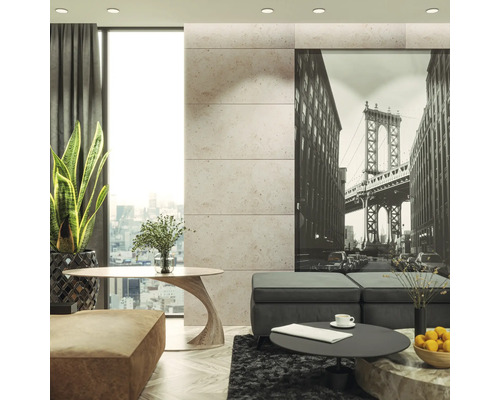 Salon moderne avec papier peint photo d''un pont, table, canapé et plante d''intérieur