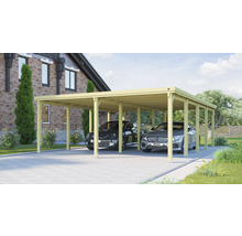 Double carport en bois avec deux voitures garées