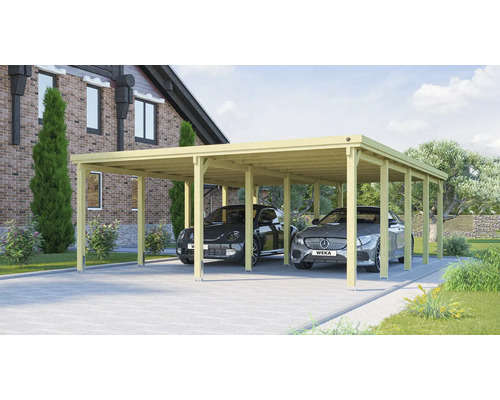 Double carport weka 618 taille 3 tôle trapézoïdale 576x784 cm traitement en autoclave