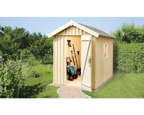 Abri de jardin weka Schwedenhaus Taille 1 avec plancher 200 x 208 cm naturel Abri de jardin avec porte ouverte et outils de jardin à l''intérieur dans un jardin