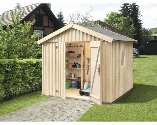 Abri de jardin weka Schwedenhaus Taille 3 avec plancher 277 x 286 cm naturel Abri de jardin en bois avec porte ouverte et étagères à l''intérieur, dans le jardin