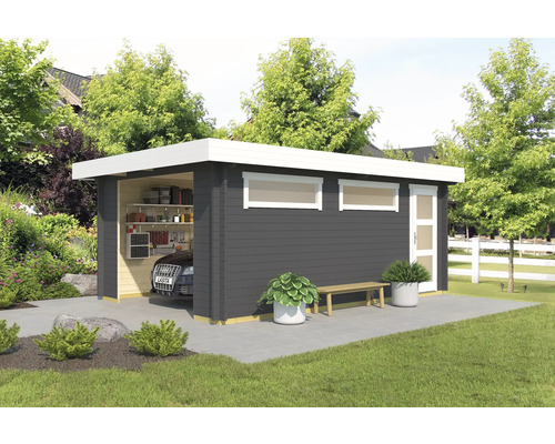 Garage simple Outdoor Life Canberra sans portail 360x540 cm gris carbone Garage moderne en bois avec voiture, étagères et outils
