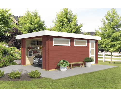 Garage simple Outdoor Life Canberra sans portail 360x540 cm rouge de Falun Garage moderne en bois avec voiture, étagères, fenêtre et porte dans le jardin.