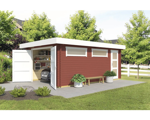 Garage simple Outdoor Life Canberra avec portail en bois 360x540 cm rouge de Falun