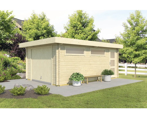 Garage simple Outdoor Life Canberra avec portail basculant 360x540 cm nature Maison de jardin en bois avec porte de garage, porte latérale et fenêtres dans le jardin