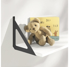 Wandregal mit schwarzer Halterung, Buch und Teddybär