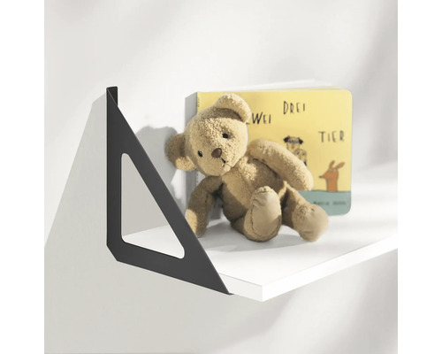 Wandregal mit schwarzer Halterung, Buch und Teddybär