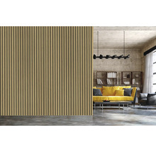 Wohnzimmer mit Wandpaneelen aus Holz und geriffeltem Design