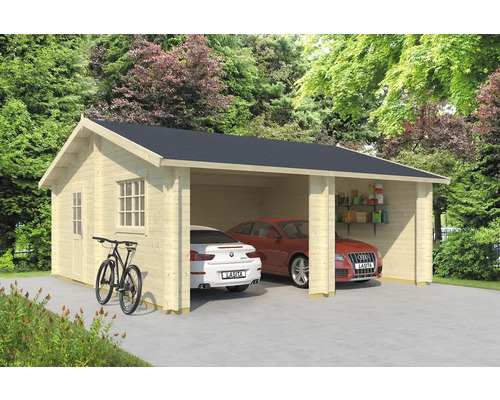 Holzgarage mit zwei Stellplätzen und Fahrrädern