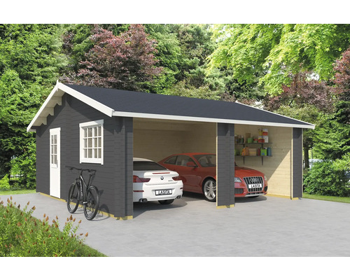 Double garage Outdoor Life Falkland sans portail 575x575 cm gris carbone Garage en bois avec deux places de parking, porte latérale et vélo