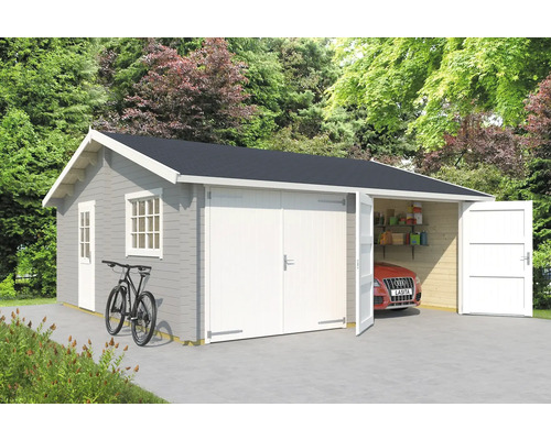 Double garage Outdoor Life Falkland avec portail en bois, abri à outils 575x575 cm gris clair