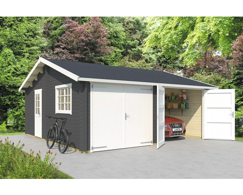 Garage double Outdoor Life Falkland avec portail en bois 575x575 cm gris carbone
