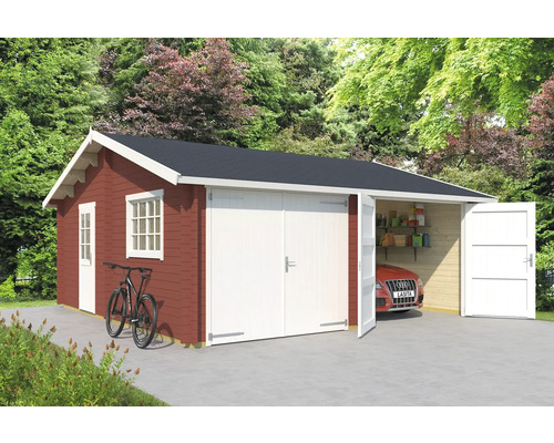 Double garage Outdoor Life Falkland avec portail en bois, abri à outils 575x575 cm rouge de Falun