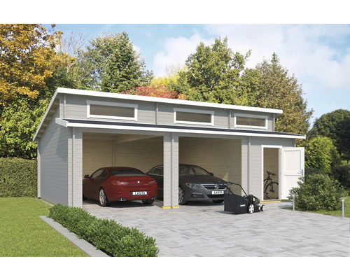 Garage double Outdoor Life Hawaii sans portail avec abri à outils 780x520 cm gris clair