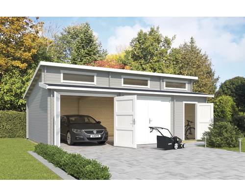 Garage double Outdoor Life Hawaii avec portails en bois et abri à outils 780x520 cm gris clair