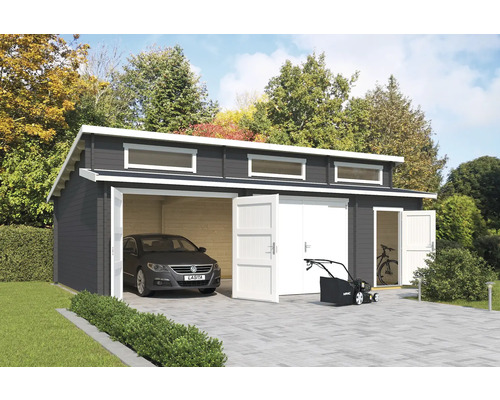Garage double Outdoor Life Hawaii avec portails en bois et abri à outils 780x520 cm gris carbone