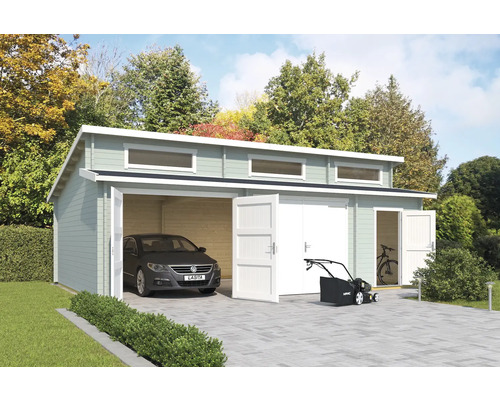 Garage double Outdoor Life Hawaii avec portails en bois et abri à outils 780x520 cm vert glacier
