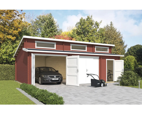 Garage double Outdoor Life Hawaii avec portails en bois et abri à outils 780x520 cm rouge de Falun