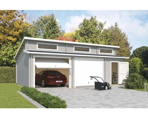 Garage double Outdoor Life Hawaii avec portails basculants 780x520 cm gris clair