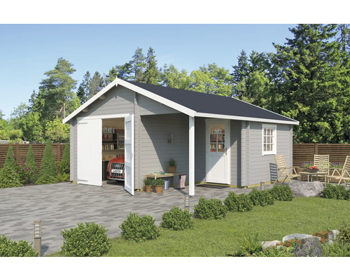 Garage simple Outdoor Life Nevis avec portail en bois 500x550 cm gris clair
