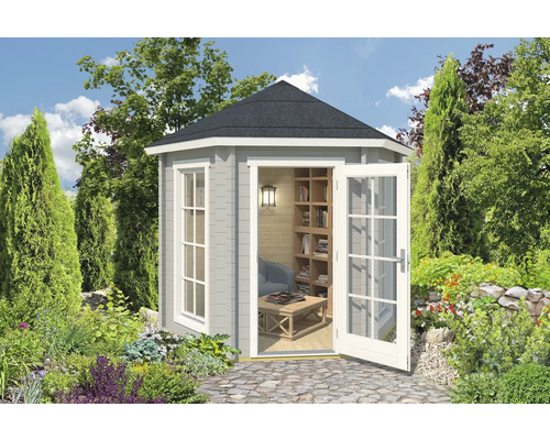 Pavillon Outdoor Life Inverness 44 avec plancher 280x242.5 cm gris clair Abri de jardin avec fenêtre et double porte ouverte dans le jardin