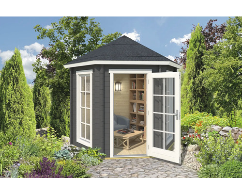 Pavillon Outdoor Life Inverness 44 avec plancher 280x242.5 cm gris carbone Jardin avec une maison de jardin en bois avec porte et fenêtres ouvertes