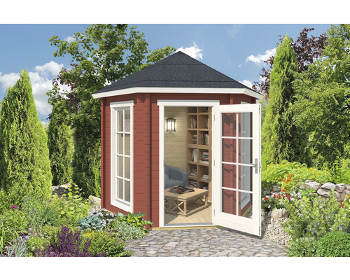 Pavillon Outdoor Life Inverness 44 avec plancher 280x242.5 cm rouge de Falun Pavillon de jardin avec fenêtre et porte ouverte dans le jardin