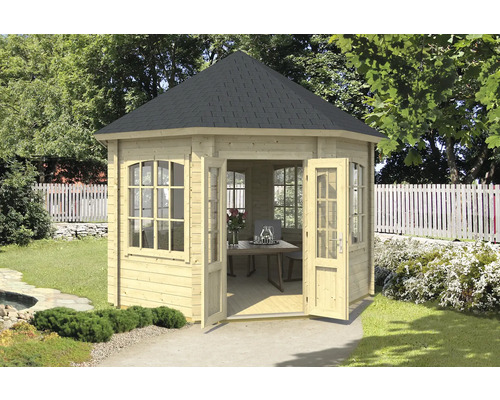 Pavillon de jardin en bois avec portes doubles ouvertes et bardeaux de toiture