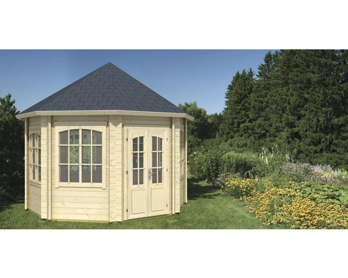Pavillon en bois avec fenêtres et double porte dans le jardin