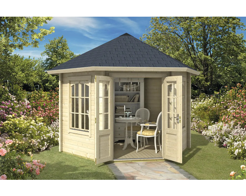 Maison de jardin en bois avec fenêtres et double porte dans le jardin