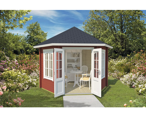 Pavillon Outdoor Life Rivera 44 avec plancher 350x303.1 cm rouge de Falun Abri de jardin avec portes doubles ouvertes, équipé d''une table, de chaises et d''une bibliothèque.