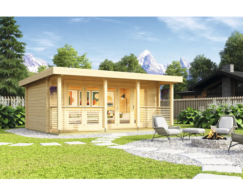 Abri de jardin Outdoor Life Liverpool 1 épaisseur de paroi 70 mm avec plancher et terrasse 550x300 cm nature