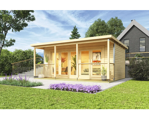 Abri de jardin Outdoor Life Liverpool 2 avec plancher et terrasse 550x300 cm nature