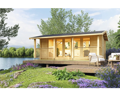 Abri de jardin en bois avec terrasse au bord du lac