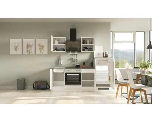 Cuisine complète avec évier, cuisinière, four, hotte aspirante et réfrigérateur dans une cuisine lumineuse.