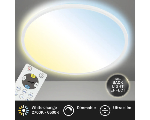 Panneau LED métal/plastique à intensité lumineuse variable CCT 18W 2400 lm 2700- 6500 K blanc chaud - blanc lumière du jour avec télécommande rétroéclairage hxØ 28x293 mm Slim rond blanc