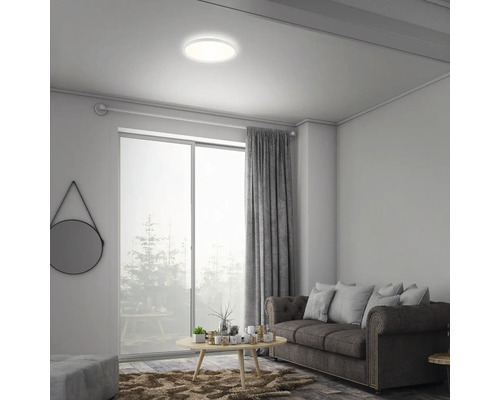 Salon avec plafonnier, canapé et fenêtre