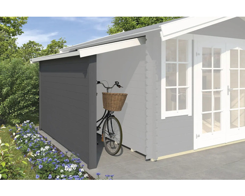 Toit en appentis Outdoor Life avec paroi latérale 90 x 280 cm gris carbone Abri à vélos couvert en bois à côté d''un abri de jardin