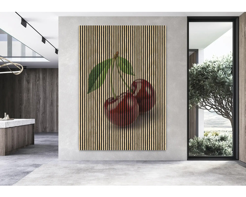 Panneau mural décoratif avec motif de cerises dans une pièce moderne.