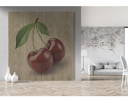 Wandbild mit Kirschmotiv, Holzpaneele im Wohnraum