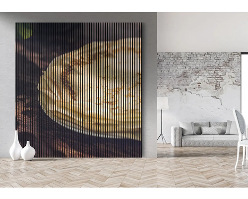 Tableau mural avec structure à lamelles et motif d''assiette dans un espace de vie moderne.