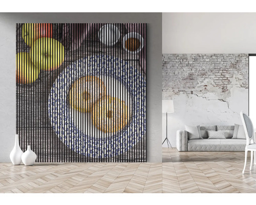 Image à lamelles avec des fruits et des pâtisseries sur une table