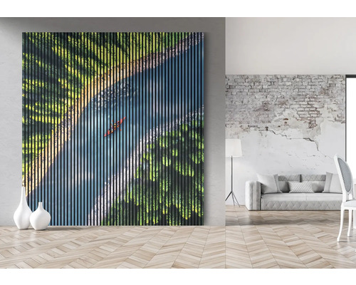 Image murale avec rivière, arbres et canoë dans un espace de vie.